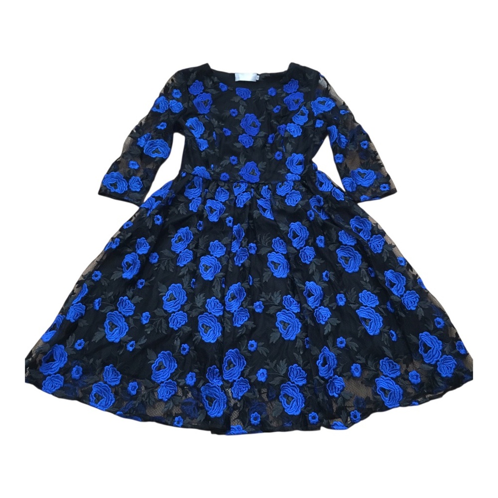 Elegant Black Dress with Royal Blue Floral Embroidery Dress M